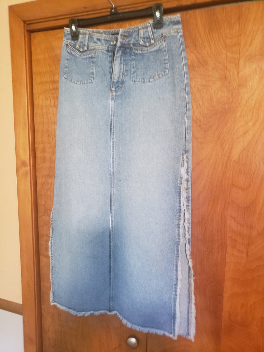 RARE Vintage FUBU Light Blue Denim Skirt with Frayed Side Slits